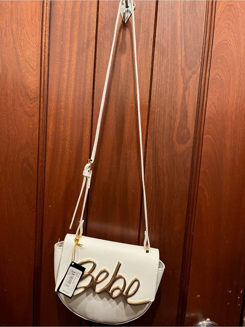 • NWT Bebe Gabriel Crossbody Saddle Bag Purse – White & Gold Script Logo